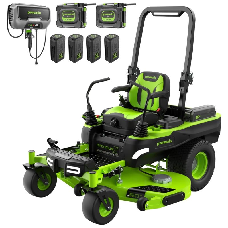 Greenworks 60in 80V 41HP Equivalent Riding Lawn Mower 5.12 Acre Rear Dump Bed with (2) 16.0Ah + (4) 8.0Ah Batteries & Turbo Charger