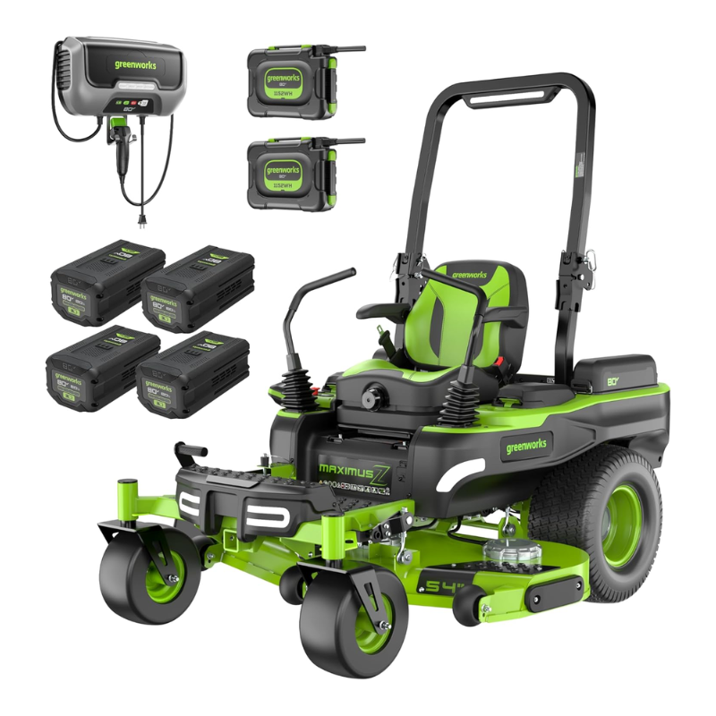 Greenworks 54in 80V Zero-Turn Riding Lawn Mower MaximusZ Fast Charging with (2) 16.0Ah + (4) 6.0Ah Batteries & 1.5kW Charger