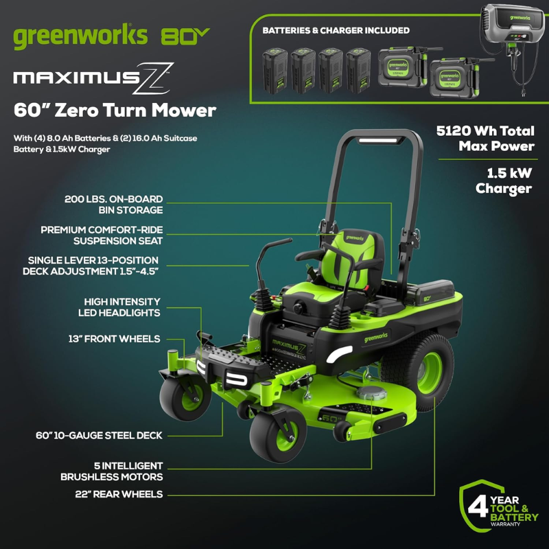 Greenworks 60in 80V 41HP Equivalent Riding Lawn Mower 5.12 Acre Rear Dump Bed with (2) 16.0Ah + (4) 8.0Ah Batteries & Turbo Charger