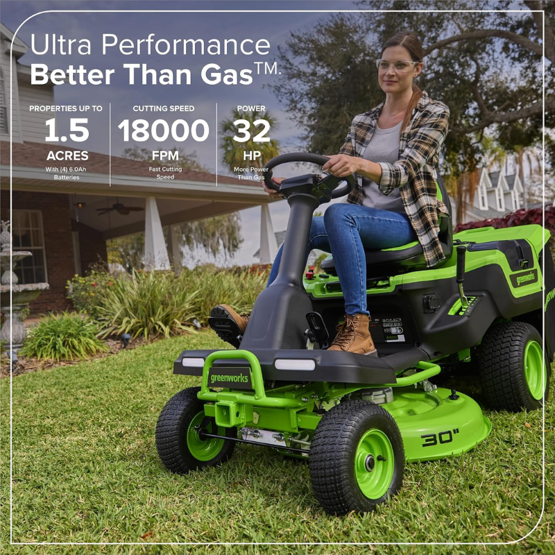 Greenworks 30in 80V Riding Lawn Tractor Cordless Design with (4) 6.0Ah Batteries & 600W Charger