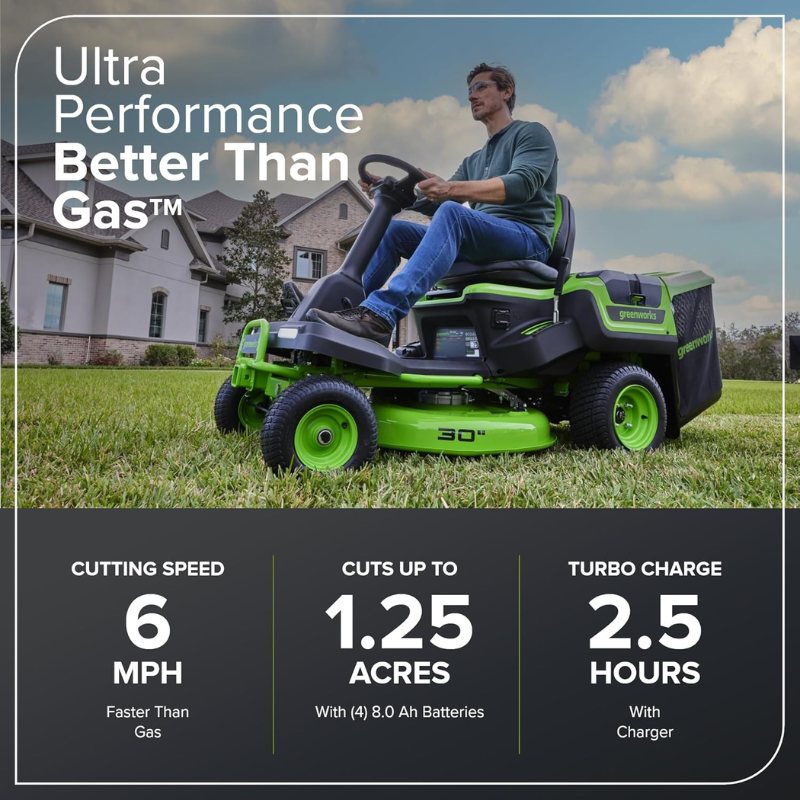 Greenworks 30in 60V 16HP Equivalent Riding Lawn Mower 1.25 Acre Tow Capacity 200 lbs with (4) 8.0Ah Batteries & Turbo Charger