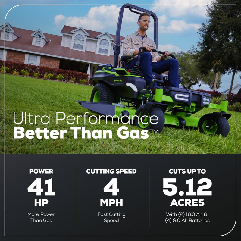 Greenworks 60in 80V 41HP Equivalent Riding Lawn Mower 5.12 Acre Rear Dump Bed with (2) 16.0Ah + (4) 8.0Ah Batteries & Turbo Charger