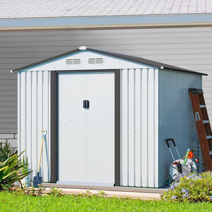 8' X 8' Outdoor Gable Steel Storage Shed White & gray