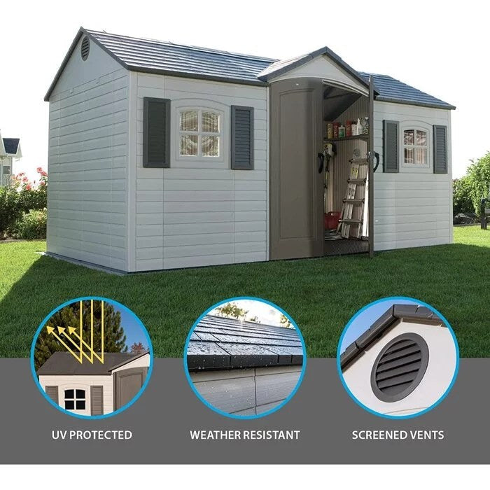 Side entry 15 ft. W x 8 ft. D plastic storage shed with assembly