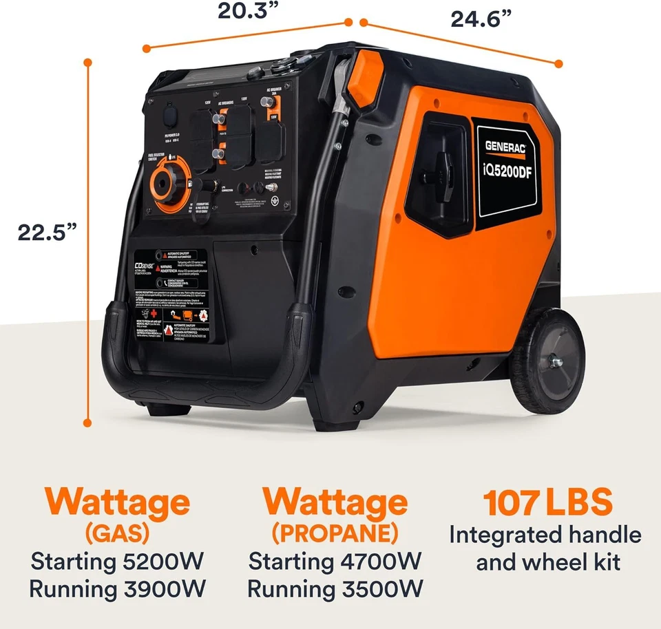Generac iQ5200 DF 3900 Watt Electric Start Dual Fuel Inverter Generators