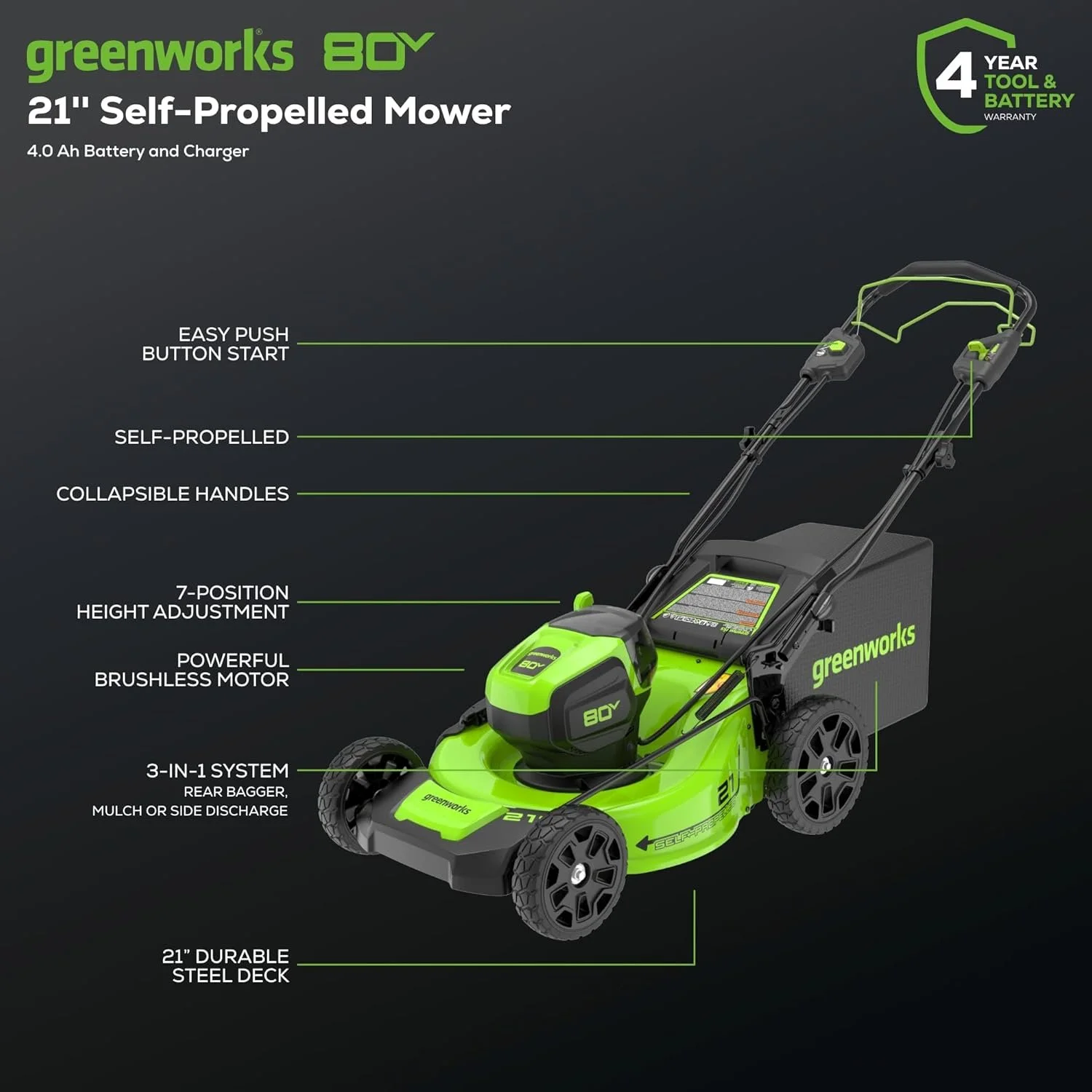 Greenworks 80V 21" Cordless Self-Propelled Lawn Mowers