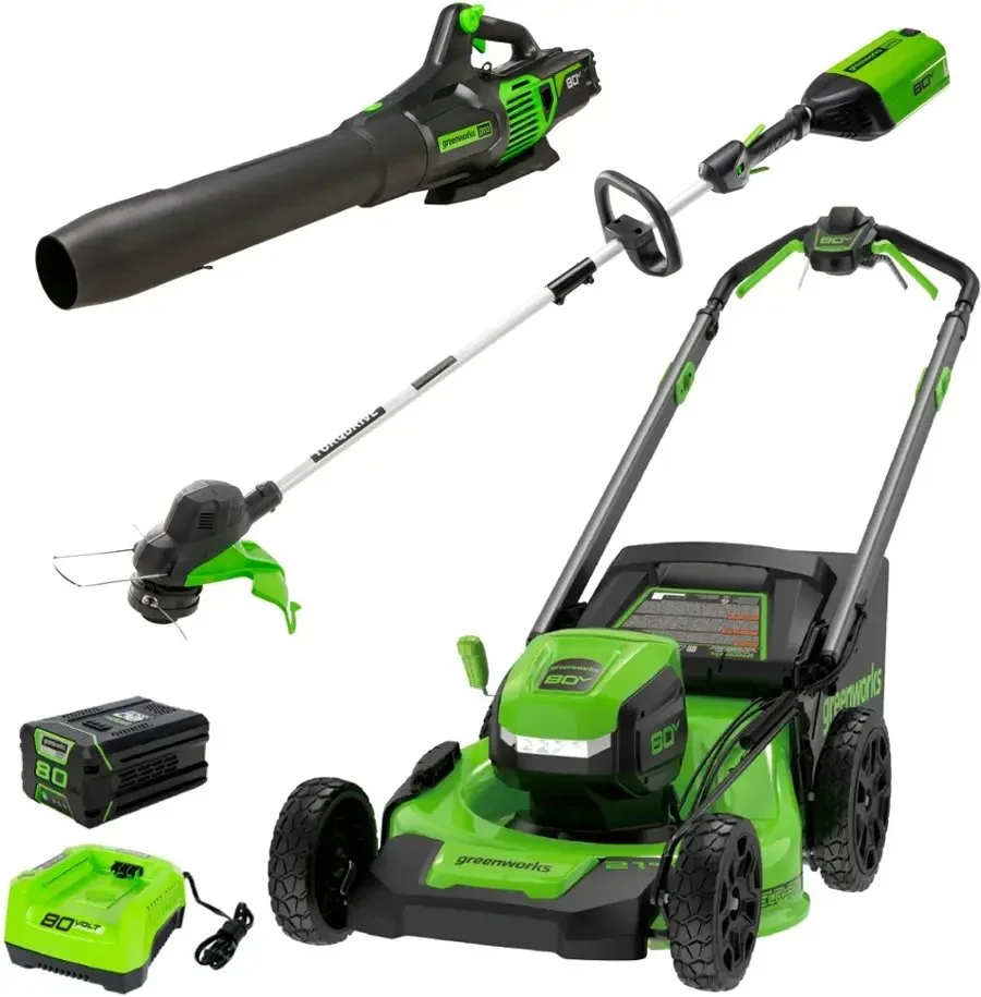 Greenworks 80V 21" Lawn Mower, 13" String Trimmer, and 730 Leaf Blowers