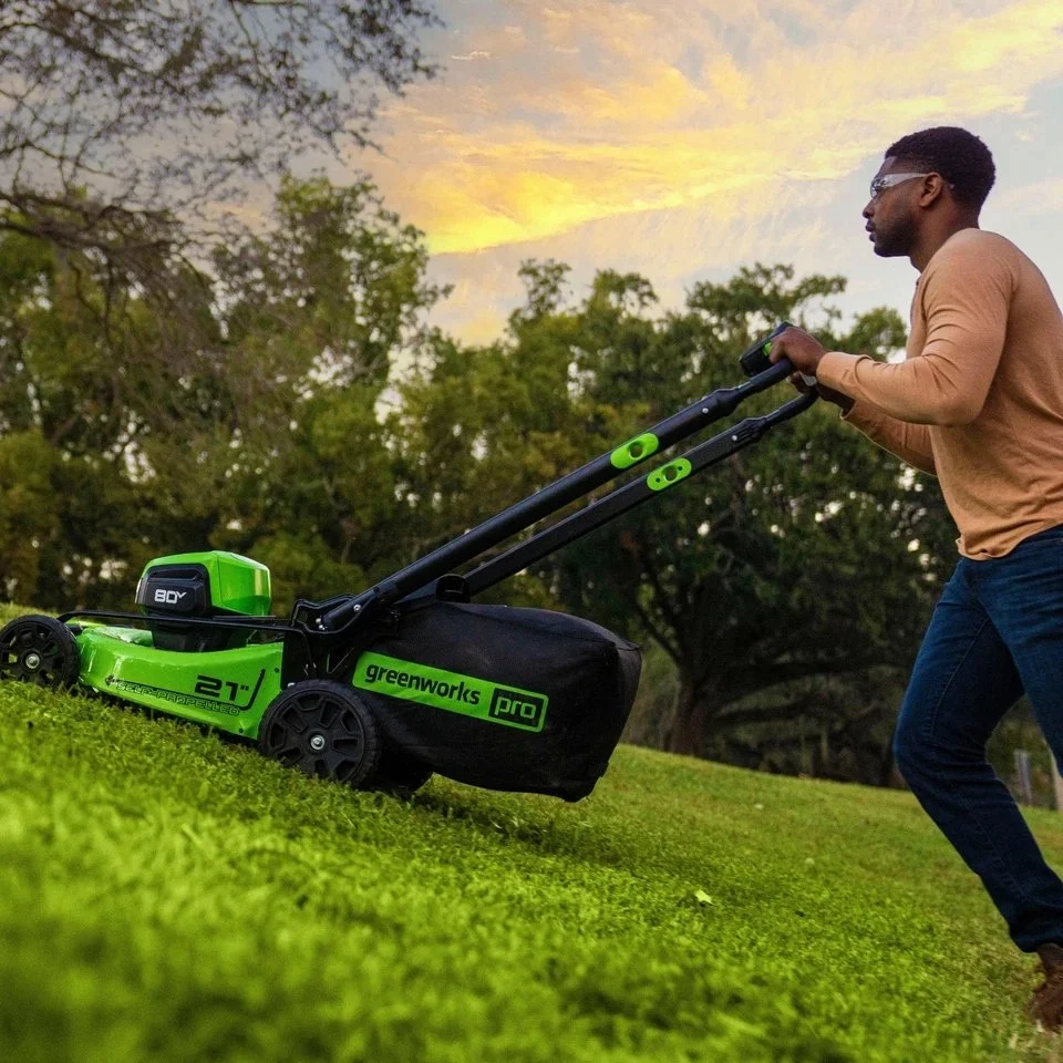 Greenworks 80V 21" Lawn Mower, 13" String Trimmer, and 730 Leaf Blowers